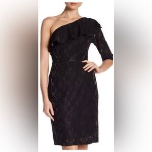 Superfoxx Ruffle One Shoulder Dress Large Lace Metallic Black NEW